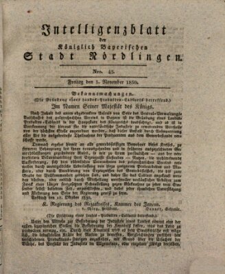 Intelligenzblatt der Königlich Bayerischen Stadt Nördlingen Freitag 5. November 1830