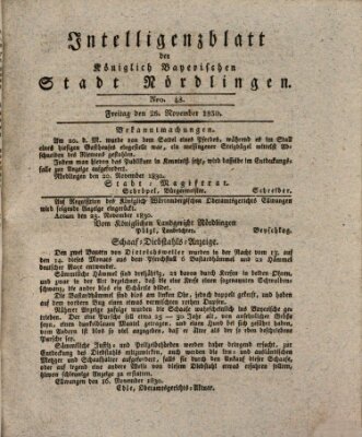 Intelligenzblatt der Königlich Bayerischen Stadt Nördlingen Freitag 26. November 1830