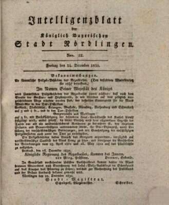 Intelligenzblatt der Königlich Bayerischen Stadt Nördlingen Freitag 24. Dezember 1830