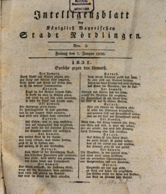 Intelligenzblatt der Königlich Bayerischen Stadt Nördlingen Freitag 7. Januar 1831