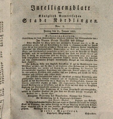 Intelligenzblatt der Königlich Bayerischen Stadt Nördlingen Freitag 21. Januar 1831