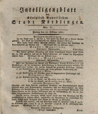 Intelligenzblatt der Königlich Bayerischen Stadt Nördlingen Freitag 18. Februar 1831