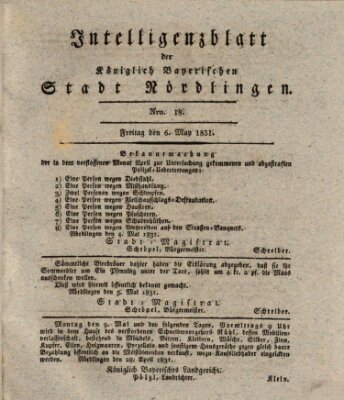 Intelligenzblatt der Königlich Bayerischen Stadt Nördlingen Freitag 6. Mai 1831