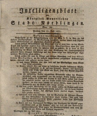 Intelligenzblatt der Königlich Bayerischen Stadt Nördlingen Freitag 15. Juli 1831