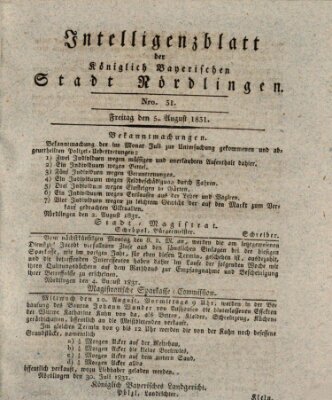 Intelligenzblatt der Königlich Bayerischen Stadt Nördlingen Freitag 5. August 1831