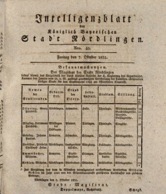 Intelligenzblatt der Königlich Bayerischen Stadt Nördlingen Freitag 7. Oktober 1831