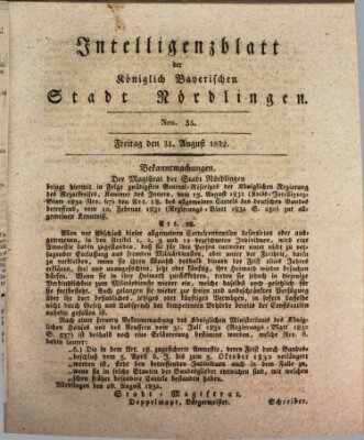 Intelligenzblatt der Königlich Bayerischen Stadt Nördlingen Freitag 31. August 1832