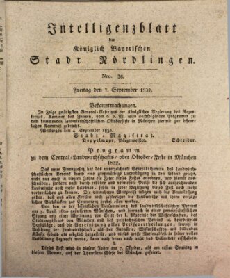 Intelligenzblatt der Königlich Bayerischen Stadt Nördlingen Freitag 7. September 1832