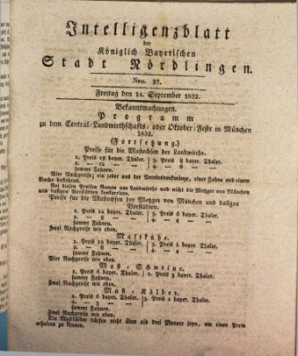 Intelligenzblatt der Königlich Bayerischen Stadt Nördlingen Freitag 14. September 1832