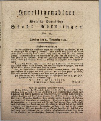 Intelligenzblatt der Königlich Bayerischen Stadt Nördlingen Dienstag 13. November 1832