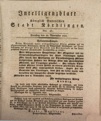 Intelligenzblatt der Königlich Bayerischen Stadt Nördlingen Dienstag 20. November 1832