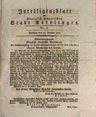 Intelligenzblatt der Königlich Bayerischen Stadt Nördlingen Dienstag 29. Januar 1833