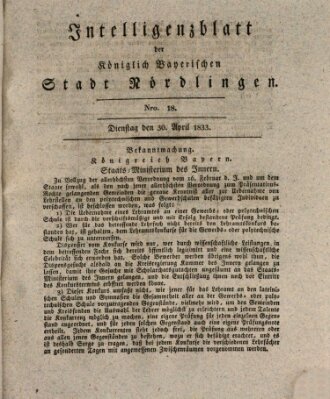 Intelligenzblatt der Königlich Bayerischen Stadt Nördlingen Dienstag 30. April 1833