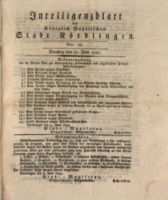 Intelligenzblatt der Königlich Bayerischen Stadt Nördlingen Dienstag 11. Juni 1833