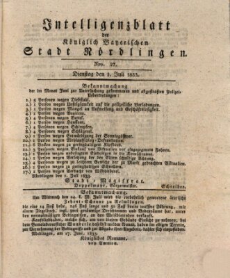 Intelligenzblatt der Königlich Bayerischen Stadt Nördlingen Dienstag 2. Juli 1833