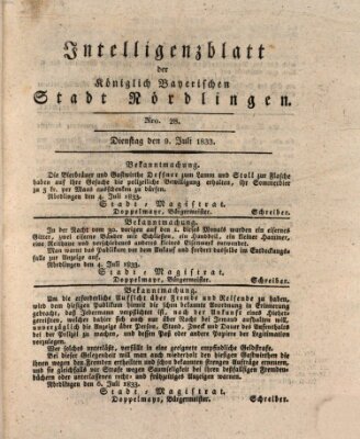 Intelligenzblatt der Königlich Bayerischen Stadt Nördlingen Dienstag 9. Juli 1833