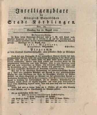 Intelligenzblatt der Königlich Bayerischen Stadt Nördlingen Dienstag 20. August 1833