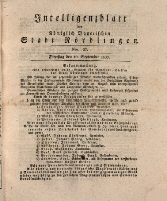 Intelligenzblatt der Königlich Bayerischen Stadt Nördlingen Dienstag 10. September 1833