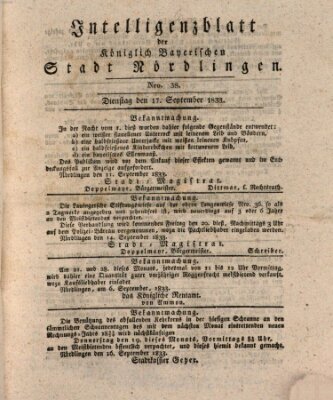 Intelligenzblatt der Königlich Bayerischen Stadt Nördlingen Dienstag 17. September 1833