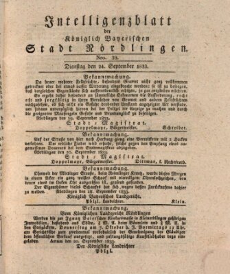 Intelligenzblatt der Königlich Bayerischen Stadt Nördlingen Dienstag 24. September 1833