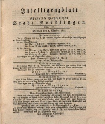 Intelligenzblatt der Königlich Bayerischen Stadt Nördlingen Dienstag 1. Oktober 1833