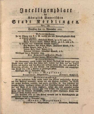 Intelligenzblatt der Königlich Bayerischen Stadt Nördlingen Dienstag 12. November 1833