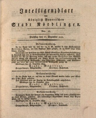 Intelligenzblatt der Königlich Bayerischen Stadt Nördlingen Dienstag 17. Dezember 1833