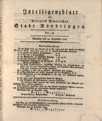 Intelligenzblatt der Königlich Bayerischen Stadt Nördlingen Dienstag 24. Dezember 1833
