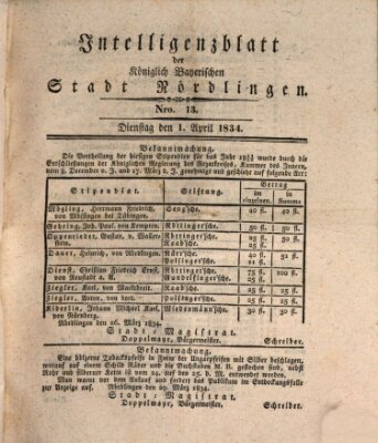 Intelligenzblatt der Königlich Bayerischen Stadt Nördlingen Dienstag 1. April 1834