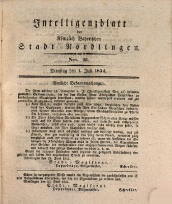 Intelligenzblatt der Königlich Bayerischen Stadt Nördlingen Dienstag 1. Juli 1834