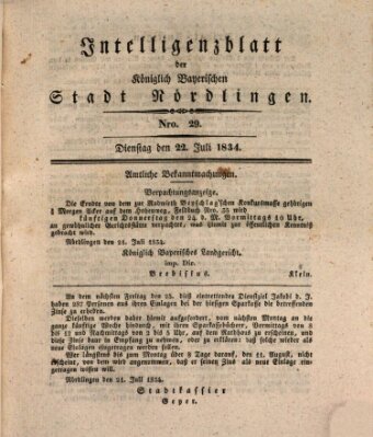 Intelligenzblatt der Königlich Bayerischen Stadt Nördlingen Dienstag 22. Juli 1834