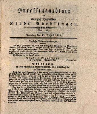 Intelligenzblatt der Königlich Bayerischen Stadt Nördlingen Dienstag 12. August 1834