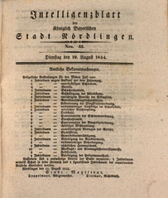 Intelligenzblatt der Königlich Bayerischen Stadt Nördlingen Dienstag 19. August 1834