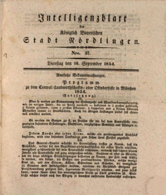 Intelligenzblatt der Königlich Bayerischen Stadt Nördlingen Dienstag 16. September 1834