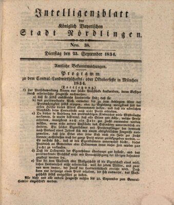 Intelligenzblatt der Königlich Bayerischen Stadt Nördlingen Dienstag 23. September 1834