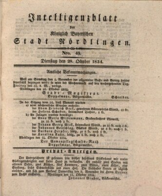 Intelligenzblatt der Königlich Bayerischen Stadt Nördlingen Dienstag 28. Oktober 1834