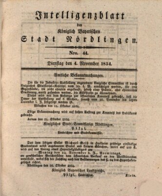 Intelligenzblatt der Königlich Bayerischen Stadt Nördlingen Dienstag 4. November 1834