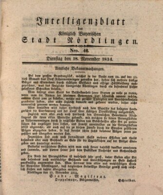 Intelligenzblatt der Königlich Bayerischen Stadt Nördlingen Dienstag 18. November 1834