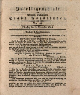 Intelligenzblatt der Königlich Bayerischen Stadt Nördlingen Dienstag 2. Dezember 1834