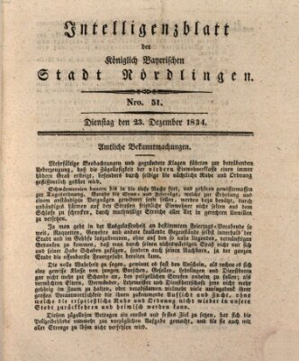 Intelligenzblatt der Königlich Bayerischen Stadt Nördlingen Dienstag 23. Dezember 1834