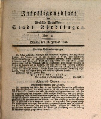 Intelligenzblatt der Königlich Bayerischen Stadt Nördlingen Dienstag 13. Januar 1835