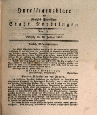 Intelligenzblatt der Königlich Bayerischen Stadt Nördlingen Dienstag 20. Januar 1835