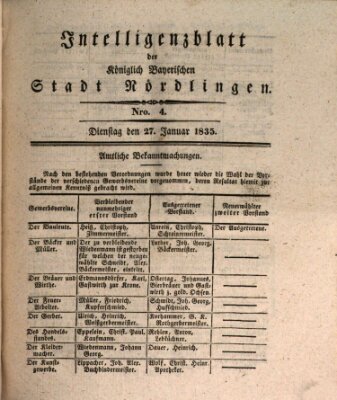 Intelligenzblatt der Königlich Bayerischen Stadt Nördlingen Dienstag 27. Januar 1835