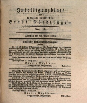 Intelligenzblatt der Königlich Bayerischen Stadt Nördlingen Dienstag 24. März 1835