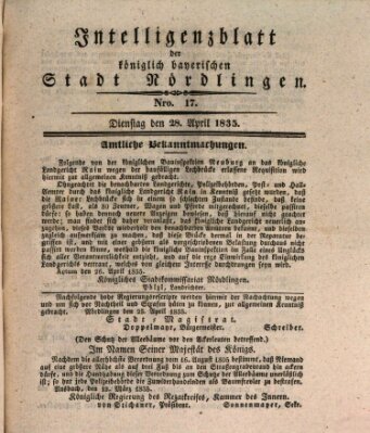 Intelligenzblatt der Königlich Bayerischen Stadt Nördlingen Dienstag 28. April 1835