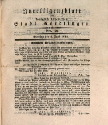 Intelligenzblatt der Königlich Bayerischen Stadt Nördlingen Dienstag 2. Juni 1835