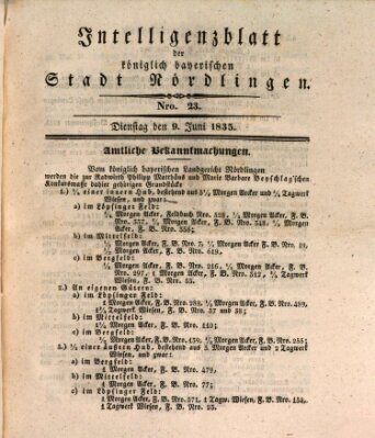 Intelligenzblatt der Königlich Bayerischen Stadt Nördlingen Dienstag 9. Juni 1835