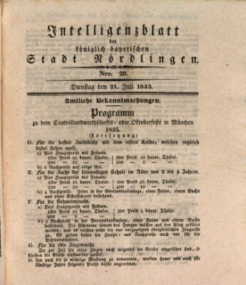 Intelligenzblatt der Königlich Bayerischen Stadt Nördlingen Dienstag 21. Juli 1835