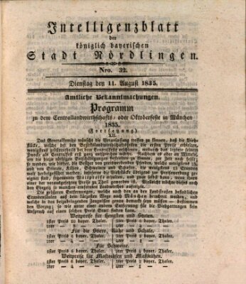 Intelligenzblatt der Königlich Bayerischen Stadt Nördlingen Dienstag 11. August 1835