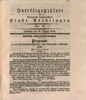 Intelligenzblatt der Königlich Bayerischen Stadt Nördlingen Dienstag 25. August 1835